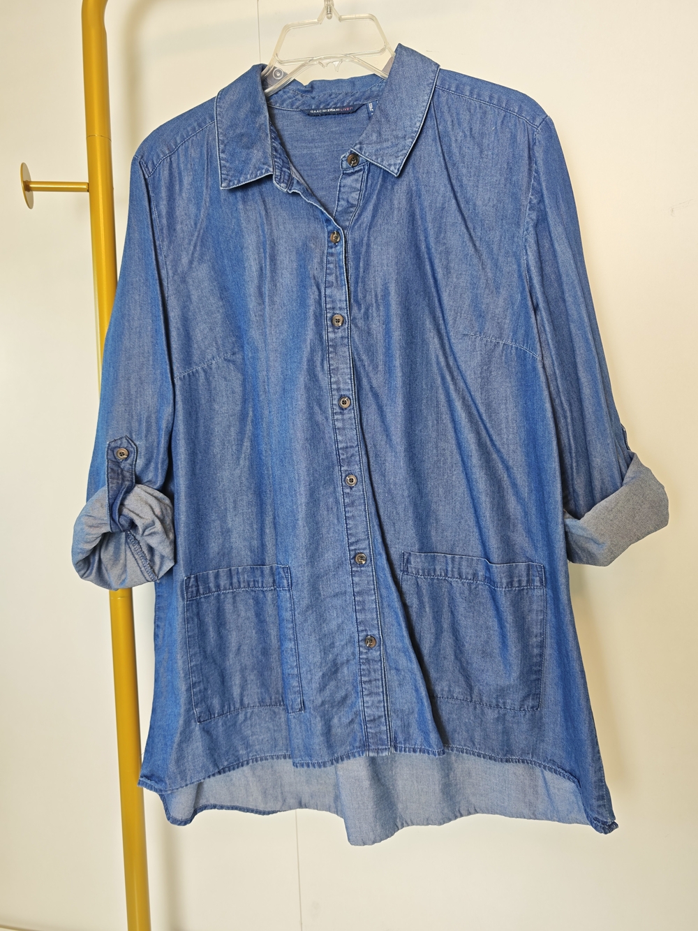 Isaac Mizrahi Live Light Blue Denim Button-Down Tunic Top Womens 10